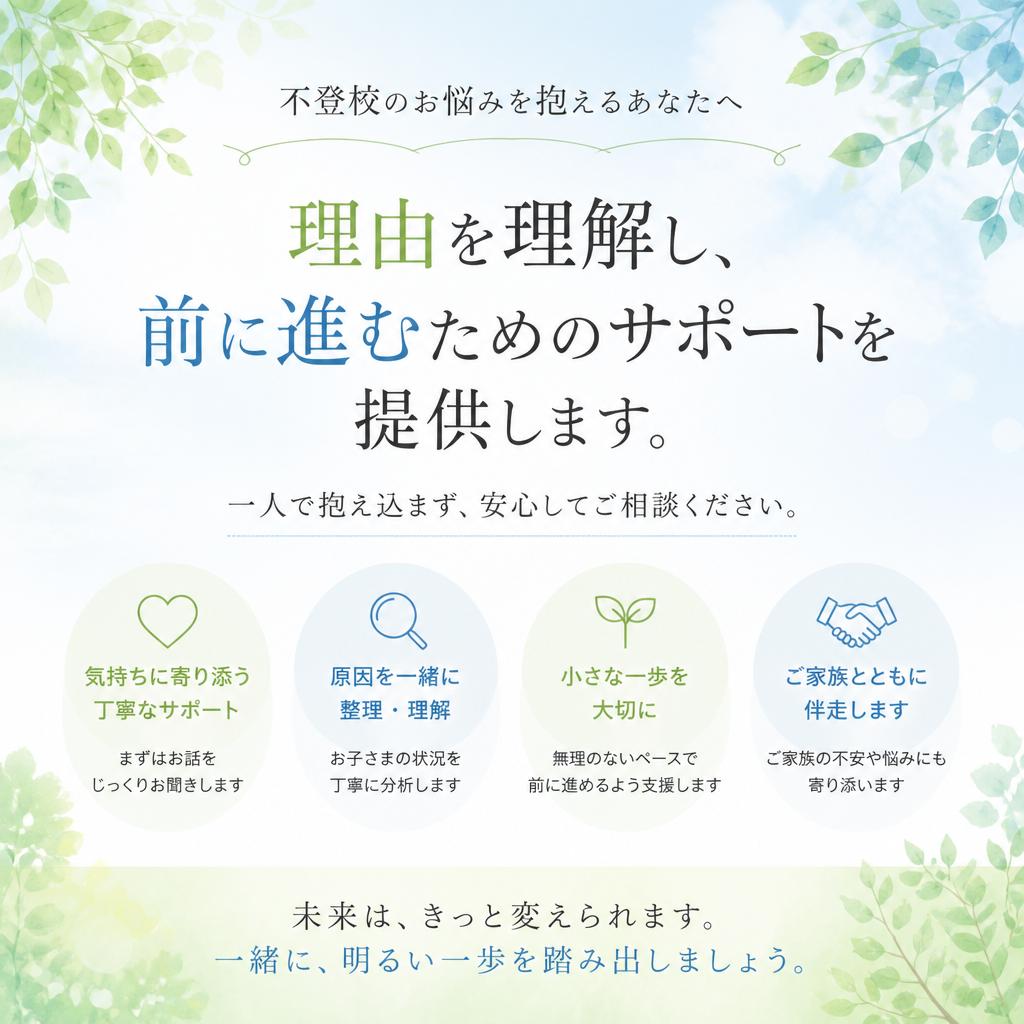 不登校のお悩みを抱えるあなたへ、理由を理解し、前に進むためのサポートを提供します。