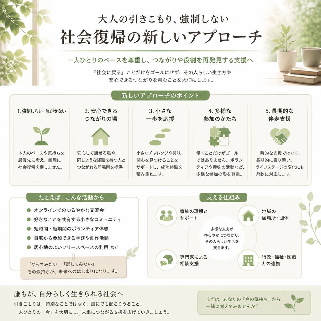 大人の引きこもり、強制しない社会復帰の新しいアプローチ